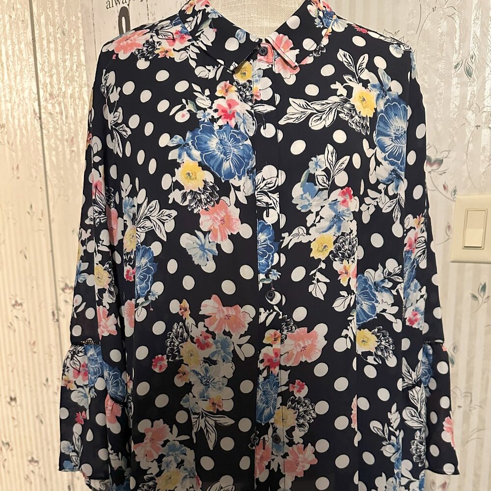 EST. 1946 Blue Floral Polka Dot 3/4 Sleeve Button Down Women's Plus Size 22/24W